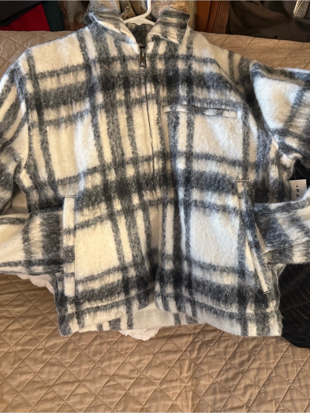 PacSun White and Gray Plaid Bomber Jacket